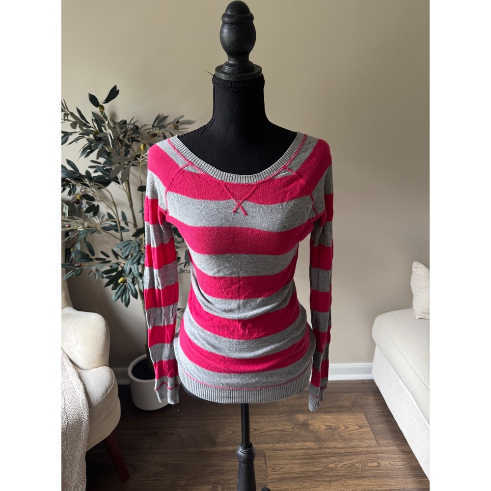 SO Pink and Gray Striped Long Sleeve Scoop Neck Cotton Sweater Size Small